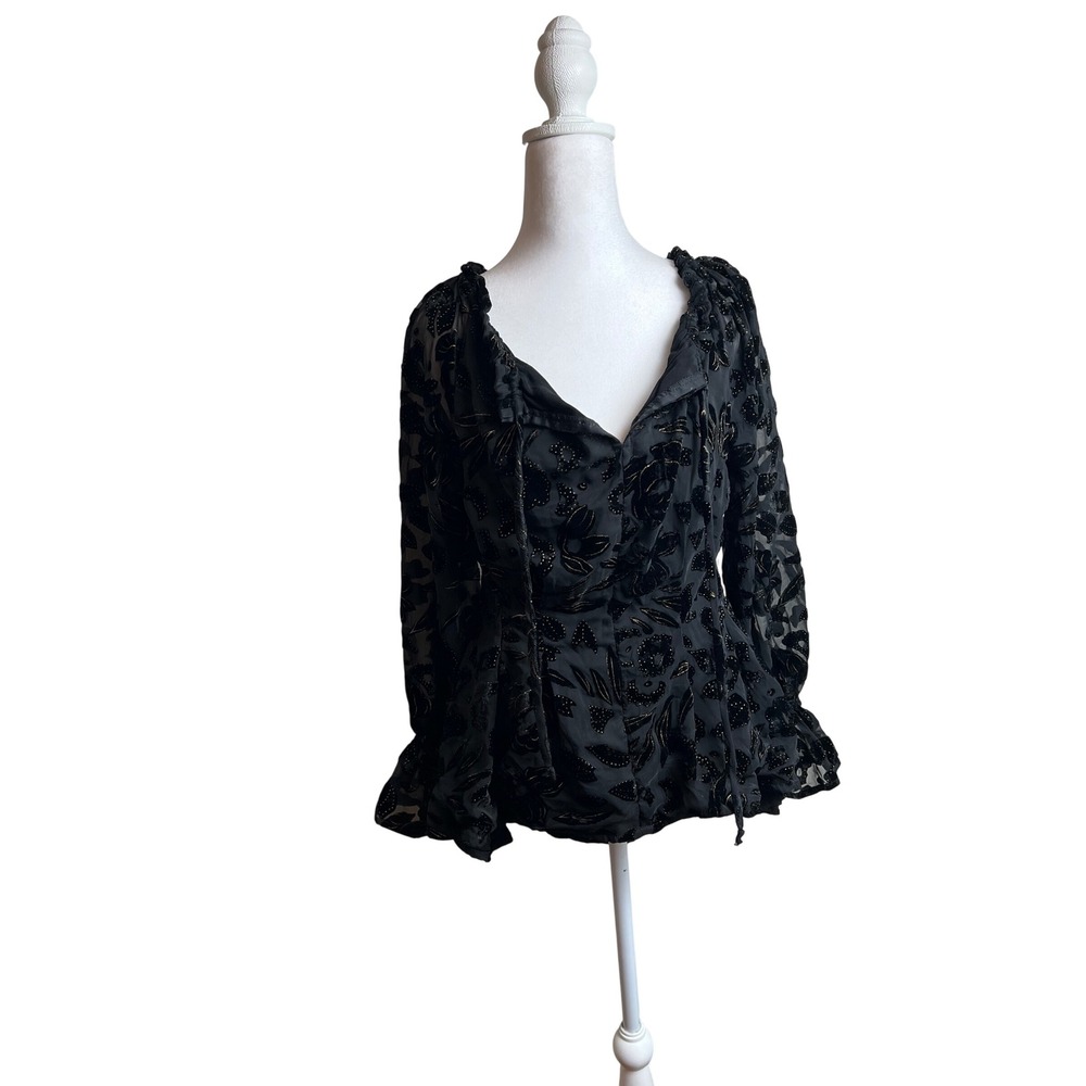 Black Floral Burnout Velvet Peplum Blouse Long Sleeve V Neck Ruffled Elegant